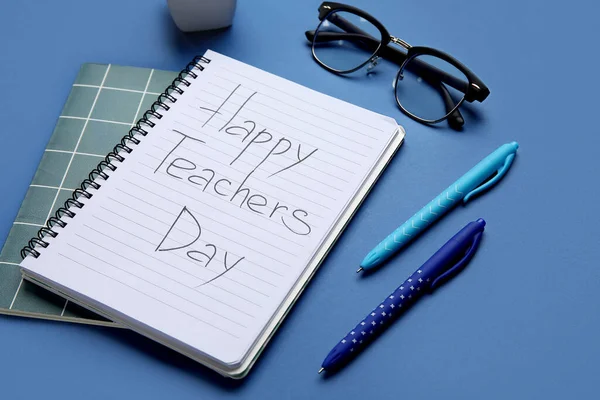 Notebooks Text Happy Teachers Day Eyeglasses Houseplant Dark Blue Background — Stock Photo, Image