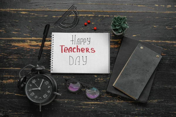 Notebooks Text Happy Teachers Day Alarm Clock Eyeglasses Black Wooden — Stock Photo, Image
