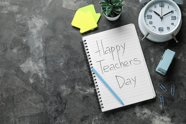 Caderno Com Texto Happy Teachers Dia Despertador Papelaria Diferente Fundo — Fotografia de Stock