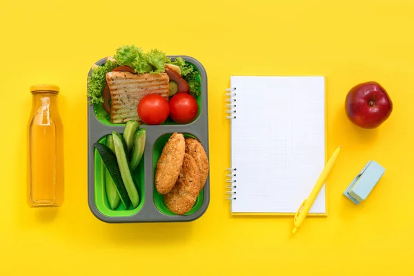Stationery Blank Notebook Drink Lunch Box Tasty Food Yellow Background — Stock Photo, Image