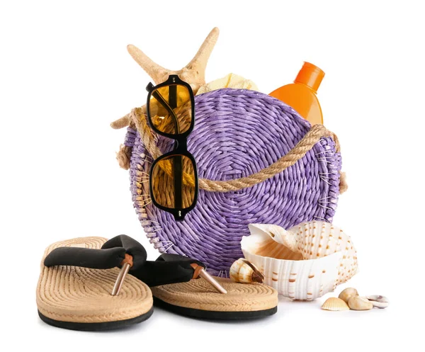 Wicker Bag Flip Flops Sunglasses Bottle Sunscreen Cream Isolated White — Stock Photo, Image