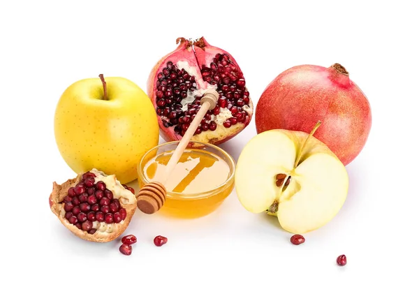 Mogna Äpplen Granatäpplen Och Söt Honung Vit Bakgrund Rosh Hashanah — Stockfoto