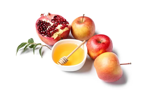 Σύνθεση Μπολ Γλυκό Μέλι Ώριμα Μήλα Και Ρόδι Που Απομονώνονται — Φωτογραφία Αρχείου
