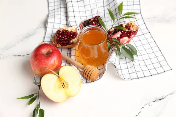 Composition Jar Honey Ripe Fruits Light Background Rosh Hashanah Jewish — Stock Photo, Image