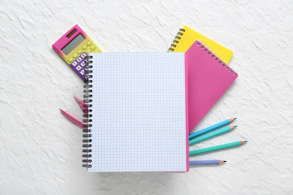 Blank Notebook Different Stationery White Background — Stock Photo, Image