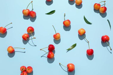 Mavi arka planda bir sürü tatlı kiraz