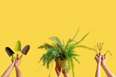 Bahçe aletleri olan ve sarı arka planda bitki yetiştiren insanlar