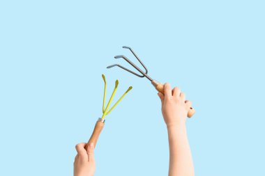 Mavi arka planda tırmıkları olan bahçıvan