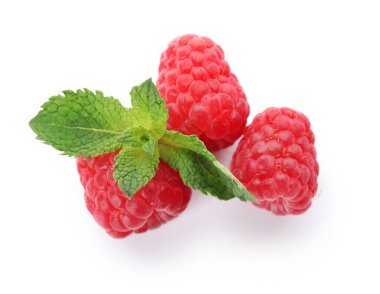 Fresh raspberry and mint on white background