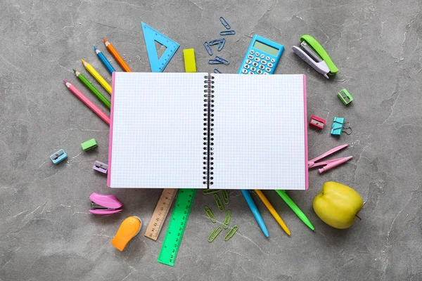 Blank Notebook Apple Stationery Grunge Grey Background — Stock Photo, Image