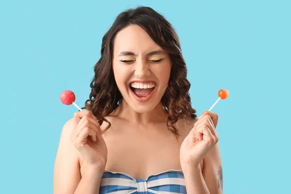 Happy Young Woman Lollipops Blue Background Closeup — Stock Photo, Image