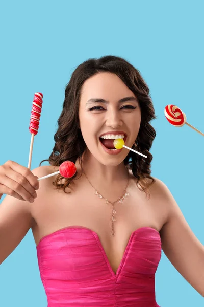 Young Woman Lollipops Blue Background Closeup — Stock Photo, Image