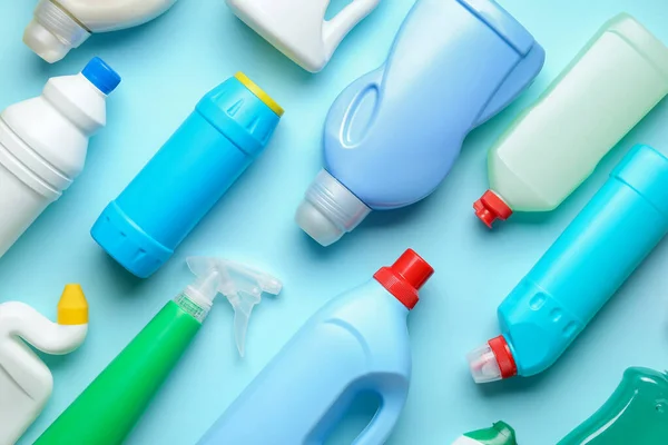 Many Bottles Detergent Blue Background — Stock Photo, Image