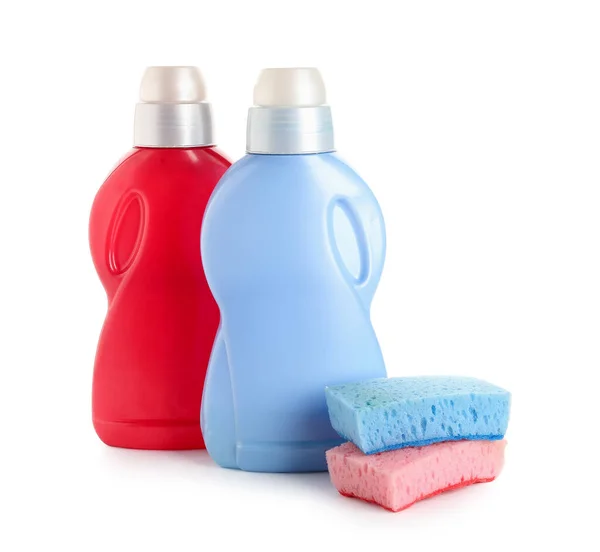 Bottles Detergent Sponges Isolated White Background — Stock Photo, Image