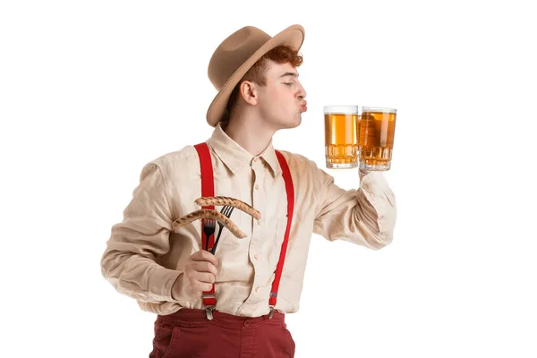 Jongeman Traditionele Duitse Kleren Met Bier Worsten Blazen Kus Witte — Stockfoto