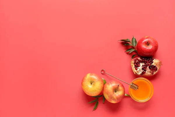 Βάζο Μέλι Ρόδι Και Μήλα Για Τον Εορτασμό Του Rosh — Φωτογραφία Αρχείου