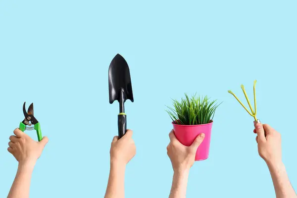 People Gardening Tools Grass Blue Background — Stock Photo, Image