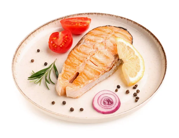 Plate Tasty Grilled Salmon Steak White Background — Stock Photo, Image