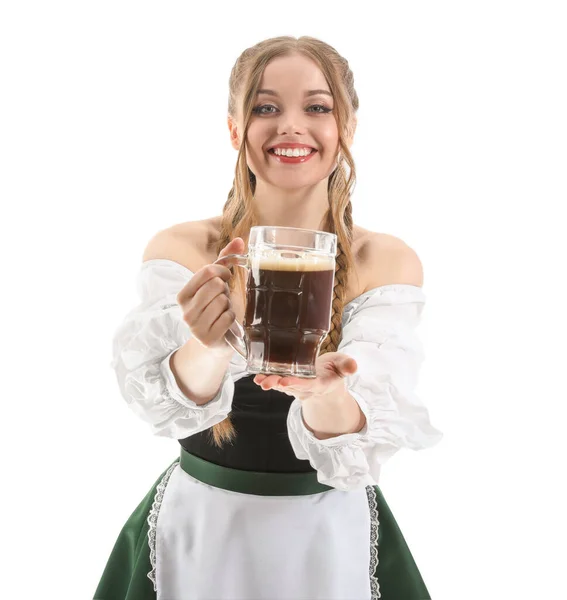 美丽的十月节女招待 背景为白色的啤酒 — 图库照片