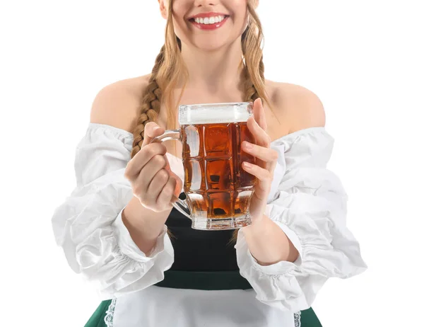 Mooie Oktober Serveerster Met Bier Witte Achtergrond Close — Stockfoto