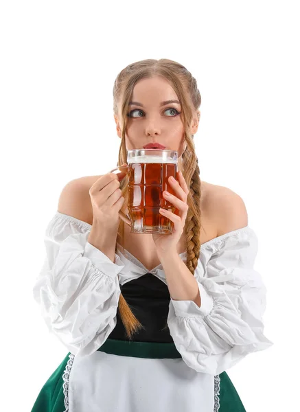 Mooie Oktober Serveerster Met Bier Witte Achtergrond — Stockfoto