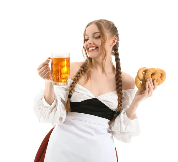 Beautiful Octoberfest Waitress Beer Pretzels White Background — Stock Photo, Image