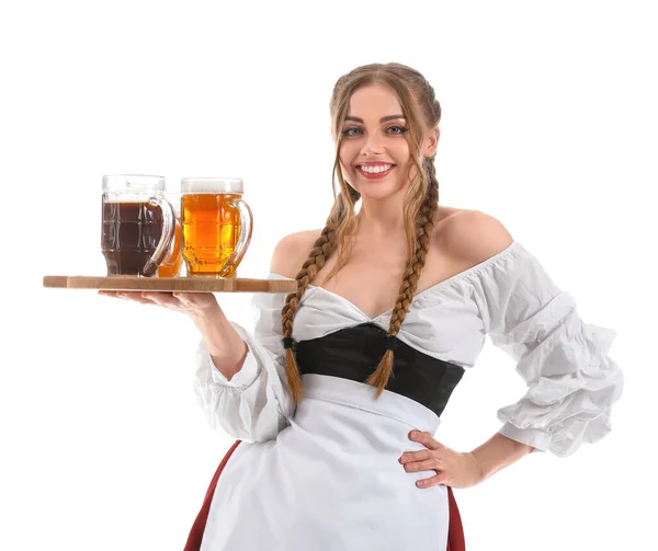 Beautiful Octoberfest Waitress Beer White Background — Stock Photo, Image
