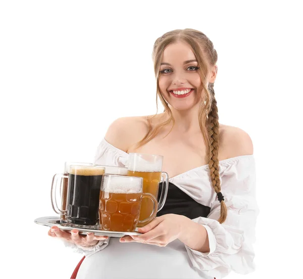 Mooie Oktober Serveerster Met Bier Witte Achtergrond — Stockfoto