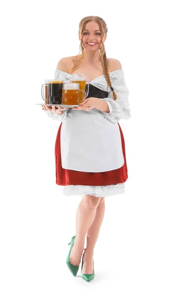 美丽的十月节女招待 背景为白色的啤酒 — 图库照片