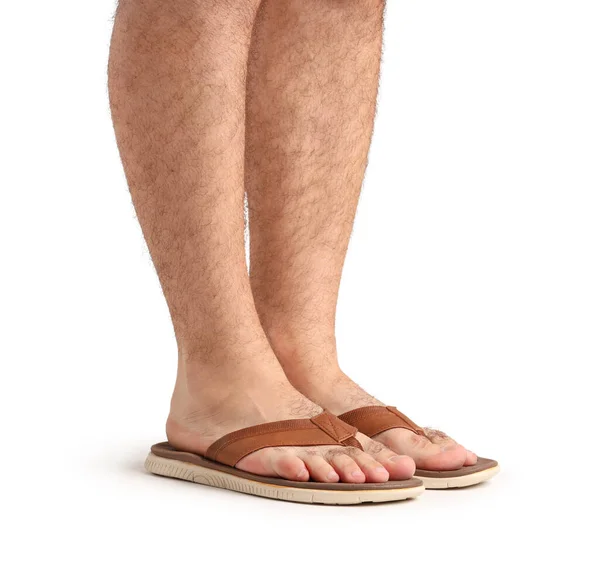 Male Legs Flip Flops White Background — Stock Photo, Image