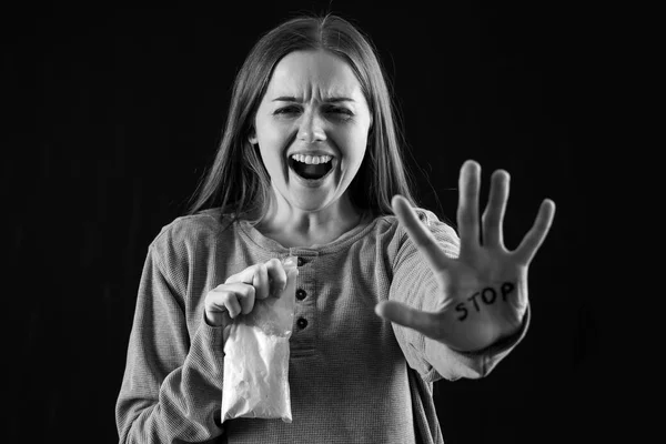Screaming Female Junkie Drugs Word Stop Written Her Palm Black — Stock Photo, Image