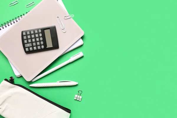 Modern Calculator Stationery Green Background — Stock Photo, Image