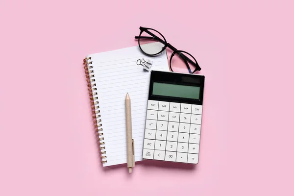 Modern Calculator Eyeglasses Stationery Pink Background — Stock Photo, Image