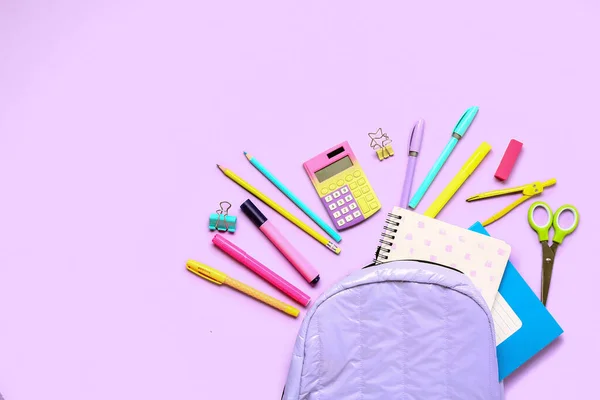 Backpack Calculators Different Stationery Lilac Background — Stock Photo, Image
