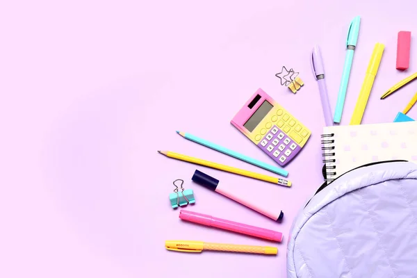 Backpack Calculators Different Stationery Lilac Background — Stock Photo, Image