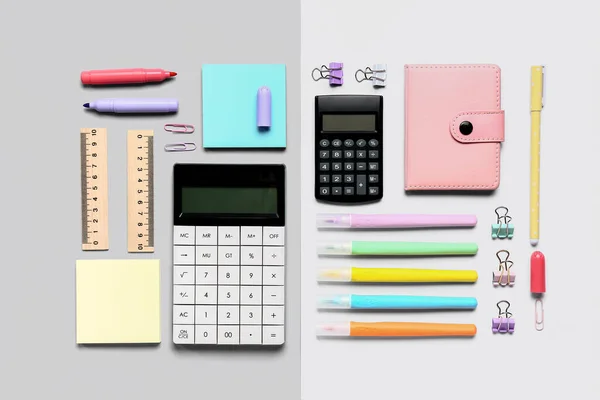 Modern Calculators Different Stationery Color Background — Stock Photo, Image