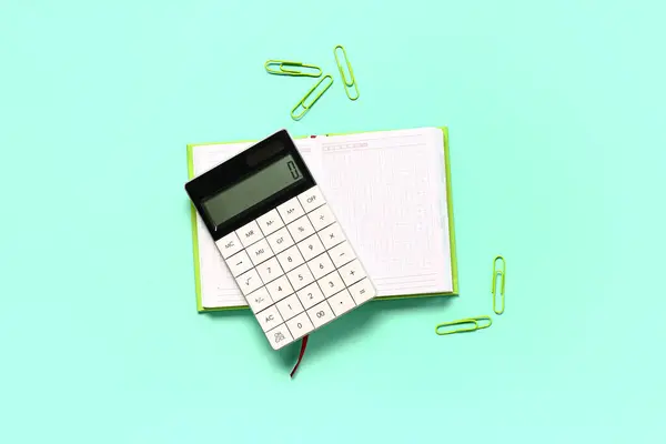 Modern Calculator Stationery Turquoise Background — Stock Photo, Image