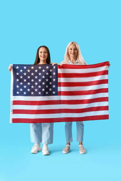 Beautiful Women Usa Flag Blue Background — Stock Photo, Image