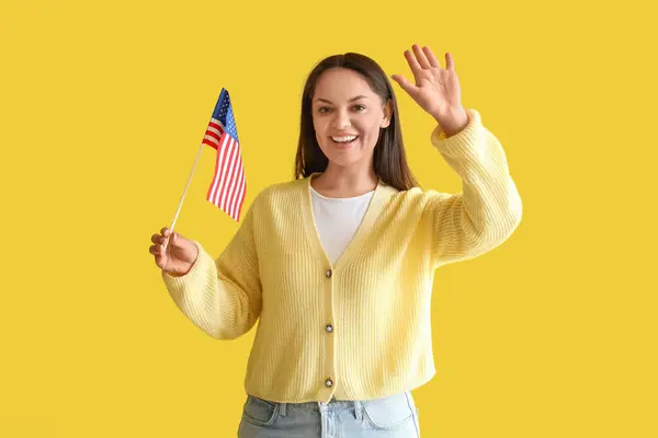 Happy Young Woman Usa Flag Yellow Background — Stock Photo, Image