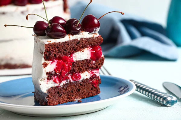 Plate Piece Tasty Cherry Cake Light Background — Stock Photo, Image