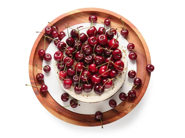 Wooden Stand Tasty Cherry Cake Isolated White Background — Stock Photo, Image