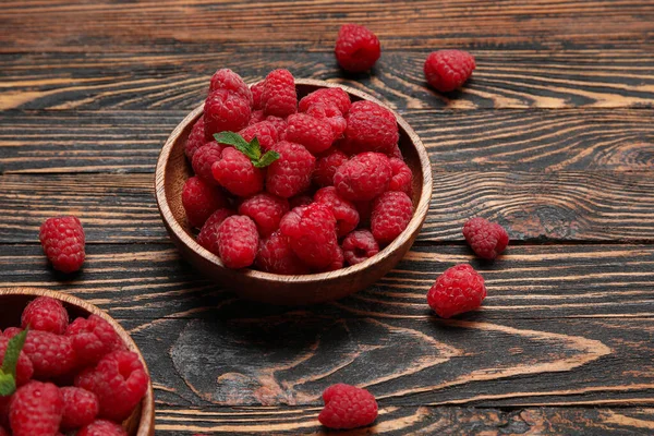 Bowls Fresh Raspberry Wooden Background Closeup — Stock Photo, Image