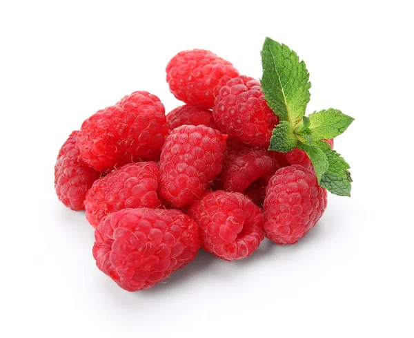 Heap Fresh Raspberry Mint White Background — Stock Photo, Image