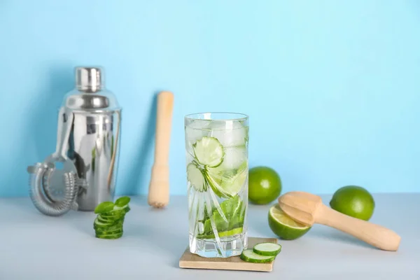 Glass Fresh Cucumber Mojito Bartender Tools Blue Background — Stock Photo, Image