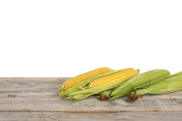 Fresh Corn Cobs Grey Wood Table White Background — Stok Foto