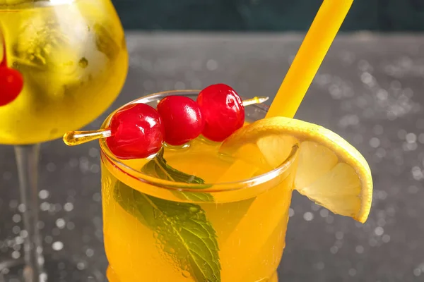 Glasses Tasty Cocktail Maraschino Cherries Grey Background — Stock Photo, Image