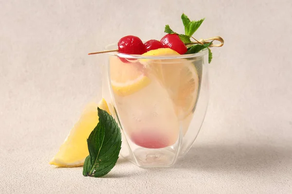 Glass Tasty Cocktail Maraschino Cherries Light Background — Stock Photo, Image