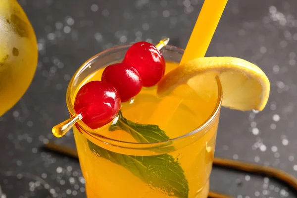 Glass Tasty Cocktail Maraschino Cherries Grey Background — Stock Photo, Image