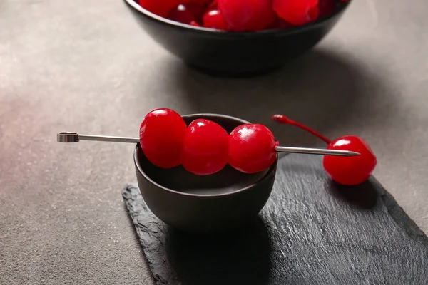 Bowl Tasty Maraschino Cherries Grey Background — Stock Photo, Image
