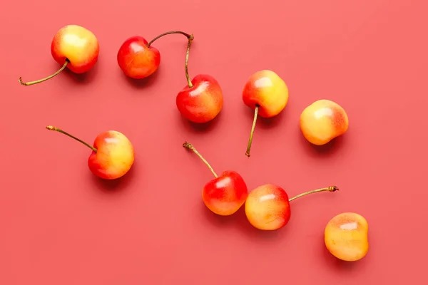 Many Sweet Yellow Cherries Red Background — Stock Photo, Image